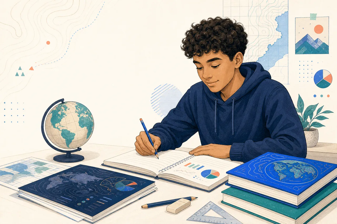 Student studying geography and mathematics at a desk